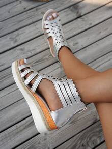 Casual Hemp Rope Woven Wedge Heel Roman Sandals, Silver Geometric Ruffled Open Toe Sandals For Women - Silver - View 3