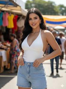 Women's Ribbed Tank Top In The Color Of The Year. Great Fit. Basic And Easy To Match. Minimalist With V-Neck And Neck Tie. Summer. - White - View 2