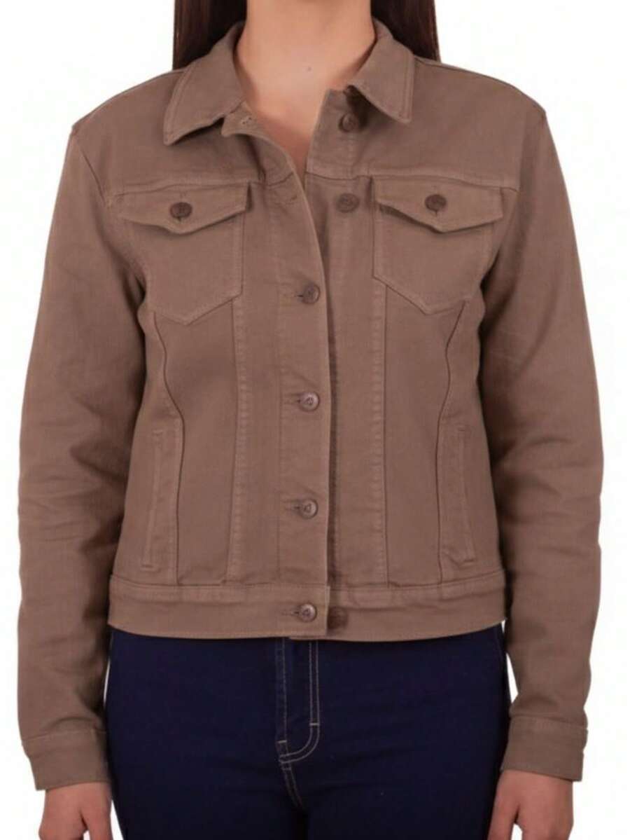 Chamarra Denim Jacket de Mezclilla Rígida con Bolsillos Casual Basica para Mujer - Camel - Ver 1