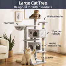[Pet Paradise] Set di albero tiragraffi in sisal a più livelli e lettino per gatti a tema cartoni animati | Resistente ai graffi con giocattolo a sfera appeso | Tutto in uno per saltare e riposare, forniture per animali domestici salvaspazio per la casa - Grigio + Beige - Visualizzare 3