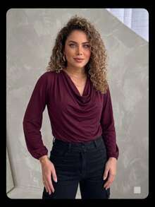 Women's Long-Sleeved Blouse With Draped Neckline And Cowl Neck, Ideal For Events, Work, And Parties - Winter - 酒紅色 - 查看 1
