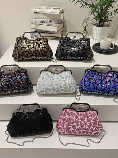 Iridescent Sequin Triangle Metal Clasp Chain Crossbody Clutch Bag, Laser Geometric Sequin Chain Clasp Bag, Nightclub Party Clutch Suitable For Various Formal Dresses