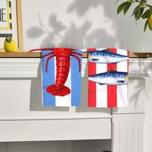 2pcs Striped Towels, Lobster & Sardine Printed Dish Cloths, Super Absorbent Microfiber Decorative Towels, Suitable For Holiday Decoration, Cooking, Baking, Housewarming Gifts And Cleaning Supplies, Applicable To Kitchen, Bathroom, Toilet - Multicolor - View 6