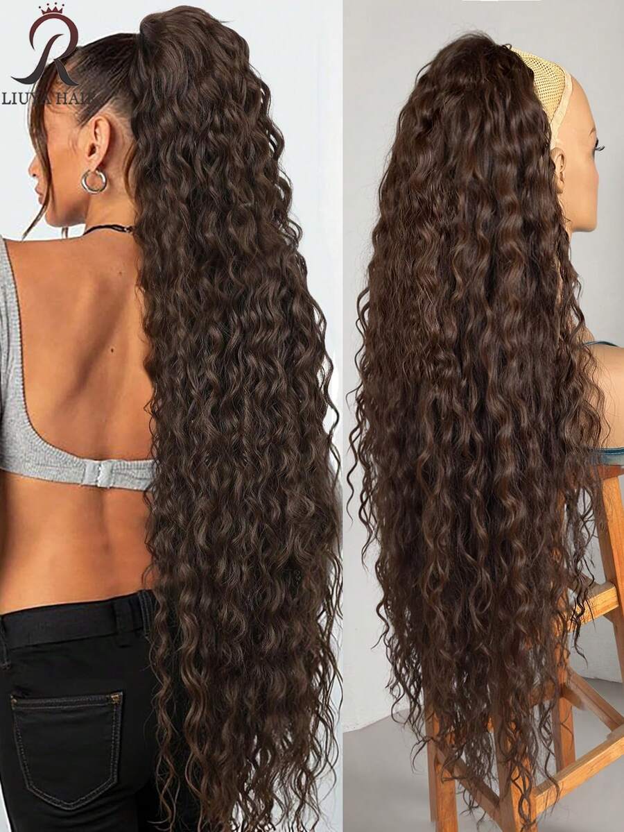 36 Inch Long Lightweight Fully Natural Curly Ponytail Braid, Black Color Synthetic Hair Extension Ponytail With Drawstring, Women Hair Accessories