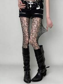1双蕾丝镂空长筒袜，轻薄夏季白色/黑色不对称渔网袜，性感连裤袜，复古朋克Y2K风格，女士款 - 彩色 - 查看 7