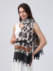 1pc Elegant Women's Leopard Print Scarf/Shawl, Fashionable Tassel Design Versatile Headscarf, Suitable For Vacation, Party, Travel, Matching Dresses And Daily Wear - Black Beige - View 2