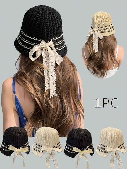 1pc Women's Crochet Knit Bucket Hat - Lightweight Foldable Synthetic Straw Hat Suitable For Outdoor Beach Travel Hiking, Daily Commute And Leisure Outings