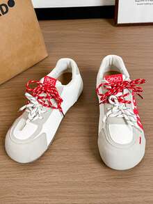 2026春季新款复古系带厚底运动鞋，女款，仿皮撞色休闲运动鞋 - 紅色 - 查看 4