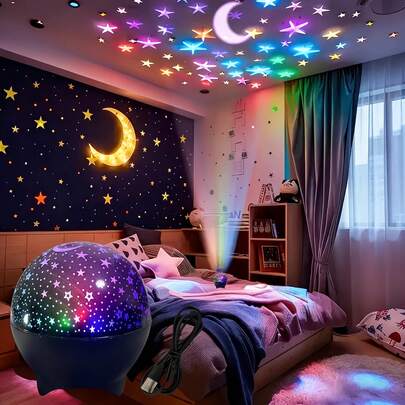 1pc Star & Moon Atmosphere Projection Night Light - USB Powered - Projection Night Light - Bedside Bedroom Ambiance Light - Room Projection Lamp - Suitable For Various Holidays: Halloween, Easter, Eid Al-Fitr, Thanksgiving, Labor Day