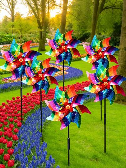 4件套户外彩色风车装饰，闪亮风车，适用于草坪、庭院、花园、派对、节日和景点装饰。也适用于阳台、露台、花园和庭院，还可用作拍照道具和游乐园装饰 - 需自行组装