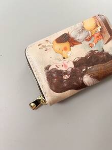 蓝色卡通可爱女孩卡包，治愈系卡通设计多功能卡槽收纳包，防水材质学生证公交卡名片夹，时尚ins风大容量防盗创意收纳包 - 橘色 - 查看 4