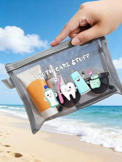 卡通牙齿图案收纳袋，网状便携化妆包，可爱牙刷“牙齿护理用品”字母印花化妆包，旅行化妆包；度假必备沙滩泳衣收纳用品；非常适合送给女朋友；可折叠轻便化妆包，适合商务旅行和便携式登机包。夏季音乐节必备。适合作为生日礼物、返校礼物、毕业礼物、旅行配件。