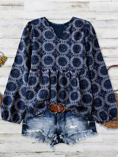 Women's Bohemian Vacation Casual Printed Patchwork V-Neck Elastic Cuff Long Sleeve Blouse Top, Spring/Summer