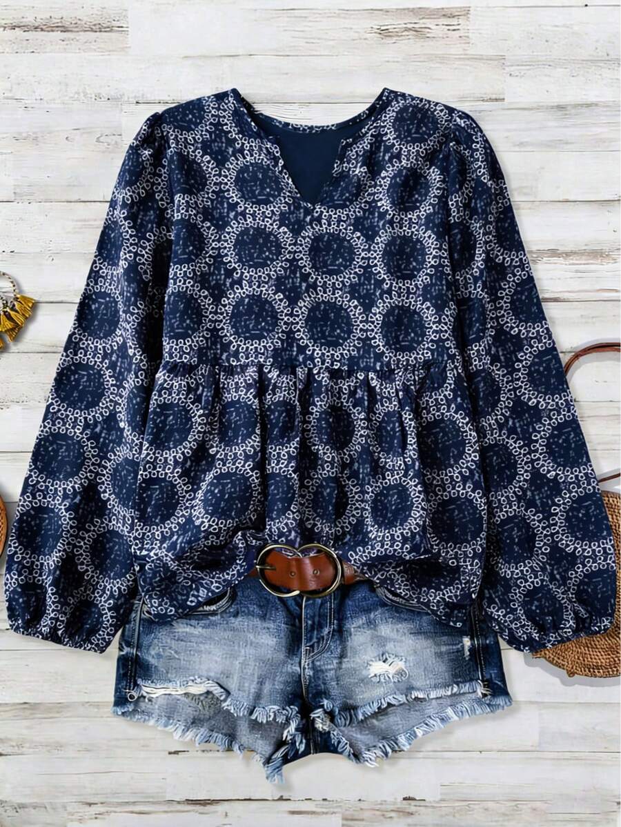 Áo kiểu nữ phong cách Bohemian, họa tiết phối màu, cổ chữ V, tay dài, bo chun, thích hợp cho kỳ nghỉ hè. - Màu xanh hải quân - Xem 1