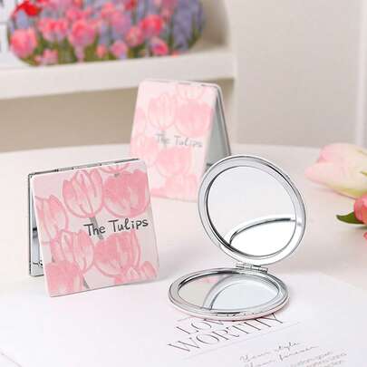 1 chiếc gương trang điểm hình hoa tulip, gương cầm tay nhỏ gọn, hai mặt, dễ thương, có thể gập lại, dành cho phụ nữ.