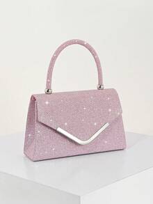 REMANLAND Sweet And Edgy Pink Clutch With Glitter Texture, V-Shaped Metal Trim And Top Handle, Combining A Bold Glitter Finish With A Sleek Silver V-Shaped Metal Trim And Modern Top Handle. Stands Out At Parties, Street Style Shoots And Casual Gatherings, Infusing Unique Personalized Into Modern Outfits With Lovely Pink Tone. It Is The Best Gift For Women - Pink - View 3