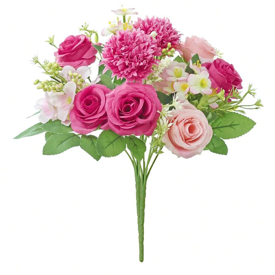 1pc 11.81inch Artificial Rose, Chrysanthemum & Carnation Mixed Flower Bouquet, Bridal Bouquet, Wedding Decor, DIY Wreath Material, Birthday Party & Home Decor, Vase Filler, Outdoor Garden, Spring Decoration, New Year Gift - Rose - View 1