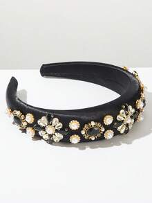 1件韩版时尚清新纯色缎面海绵宽檐高冠女士发箍，饰以奢华优雅的宝石仿珍珠，高品质优雅头饰，百搭明星风发饰，适合夏季、假日、旅行佩戴 - 黑色 - 查看 3