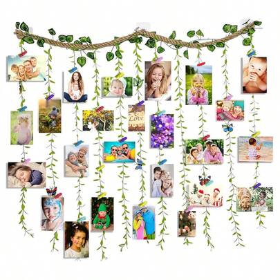 一套悬挂式照片展示墙饰，DIY麻绳藤蔓树照片拼贴套装，婴儿照片收纳架，婴儿房墙面装饰，宝宝成长里程碑照片展示架