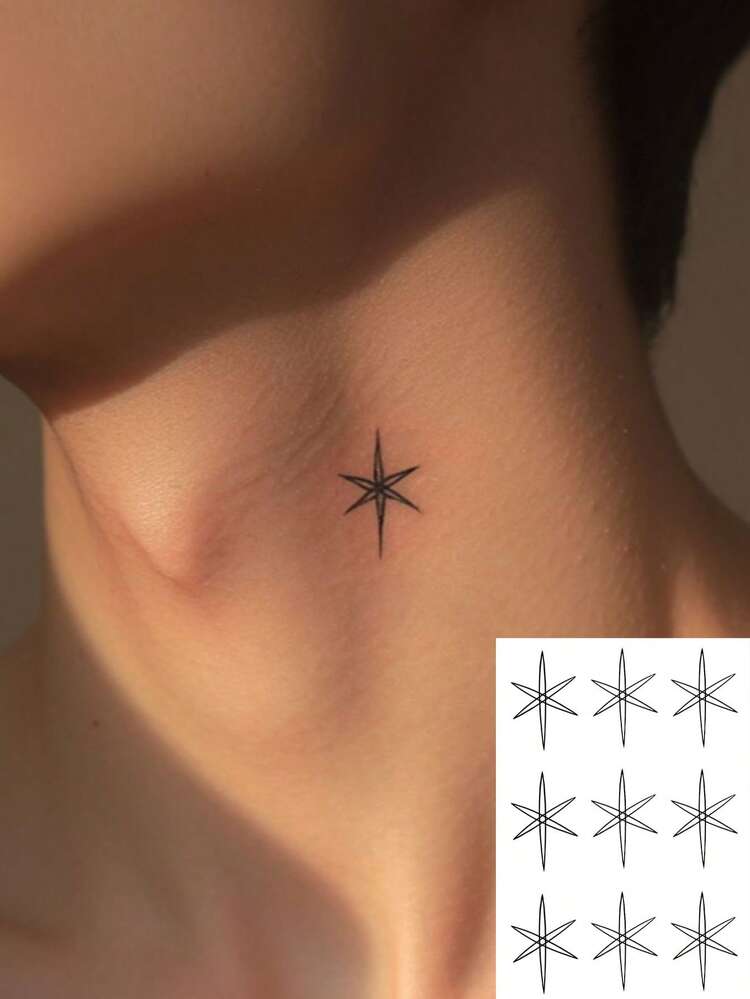 1pc 7-14 Days Lasting Herbal Temporary Tattoo, Gothic Abstract Star Neck Hand Tattoo Sticker, Waterproof Personalized Cool Tattoo Sticker Suitable For People - Black - View 1
