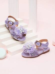 2026 Nuevas sandalias para niñas, zapatos de princesa para niños con lazo de strass, zapatos de playa para estudiantes de niñas pequeñas, verano - Morado - Ver 4