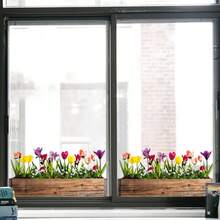 1pc Wooden Flower Box With Colorful Tulips Static Window Sticker, Faux Floral Decor, Countryside Atmosphere Window Decal For Living Room - A - View 5