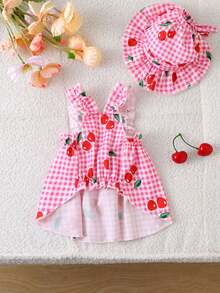 Bộ đồ cho chó có mũ trùm đầu, họa tiết kẻ caro xanh cổ điển với hình quả anh đào, dành cho mèo con và cún con. - Hồng - Xem 3