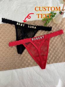 Quần lót thong chữ pha lê in tên tùy chỉnh, quần bikini ren cá nhân hóa cho nữ, quần lót tam giác T-Back, quà tặng cho bạn gái - Đỏ - Xem 2