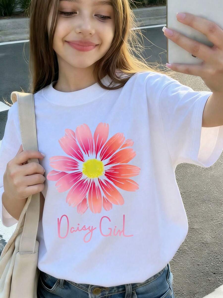 Girls' Short Sleeve T-Shirt With Vibrant Chrysanthemum Print, Soft Comfortable Crew Neck Design, Refreshing And Comfortable Summer Top, Machine Washable - White - View 1