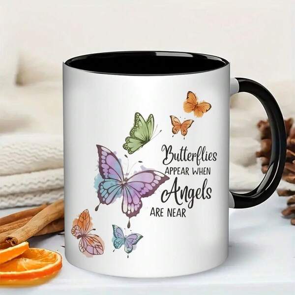 Taza de café de 11 onzas con diseño de mariposa cerca de un ángel - Regalo de condolencias, con asa y interior negros, diseño colorido de mariposa y alas de ángel, recuerdo reconfortante, regalo conmemorativo para un ser querido fallecido, apoyo en el duelo, taza de cerámica inspiradora para bebidas calientes, sin necesidad de montaje, lista para usar, regalo de condolencias único, artículo de recuerdo y consuelo, exterior blanco elegante con interior y asa negros, regalo conmemorativo para un ser querido, taza con mariposa