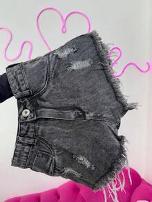 Frayed Graphite Denim Shorts - Graphite - View 2