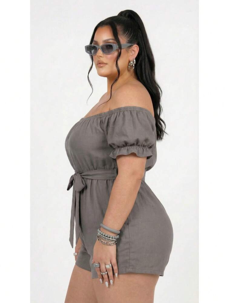 Short Romper Plus Size  Off-The-Shoulder Gringa Fashion Summer Ruched Sleeves Bow Fitted Casual Wear Shopping Holidays - 灰色 - 查看 7