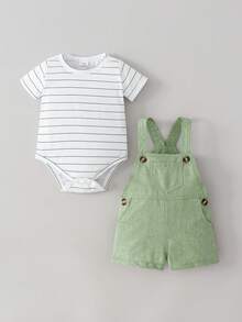 男婴条纹短袖连体衣和背带裤两件套，夏季 - 綠色 - 查看 1