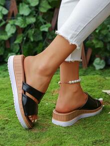 2026新款女士凉鞋，夏季新款厚底坡跟凉鞋，女士交叉绑带沙滩凉鞋，透气平底设计，夏季休闲度假必备，宽楦设计 - 黑色 - 查看 4