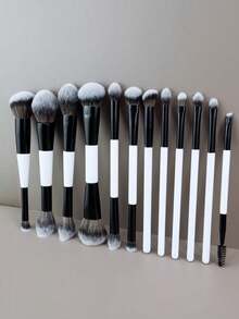 8/12支双头化妆刷套装，包含散粉刷、粉底刷、腮红刷、遮瑕刷、眼影刷、眼线刷、唇刷等，女士及女孩适用化妆工具 - 黑與白 - 查看 7