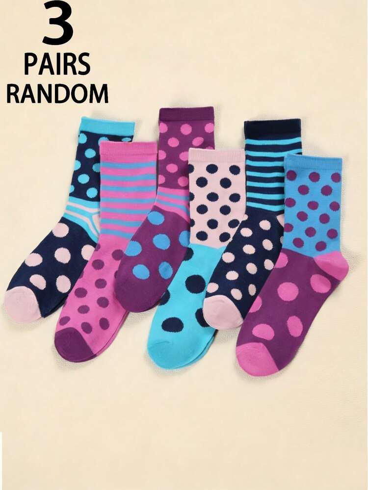 3 Pairs Women's Mid-Calf Socks With Colorblock, Polka Dot And Striped Patterns, Creative And Fashionable Design, Thin And Breathable, Moisture-Wicking, Suitable For Sports, Casual And Elegant Occasions - Multicolor - View 8