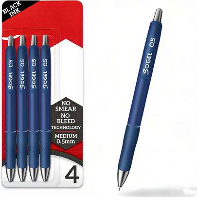 4 bolígrafos retráctiles duraderos, tinta azul, punta media (0,5 mm) - Adecuados para el hogar, la oficina, la universidad, el diario, el dibujo, la toma de notas, la escritura