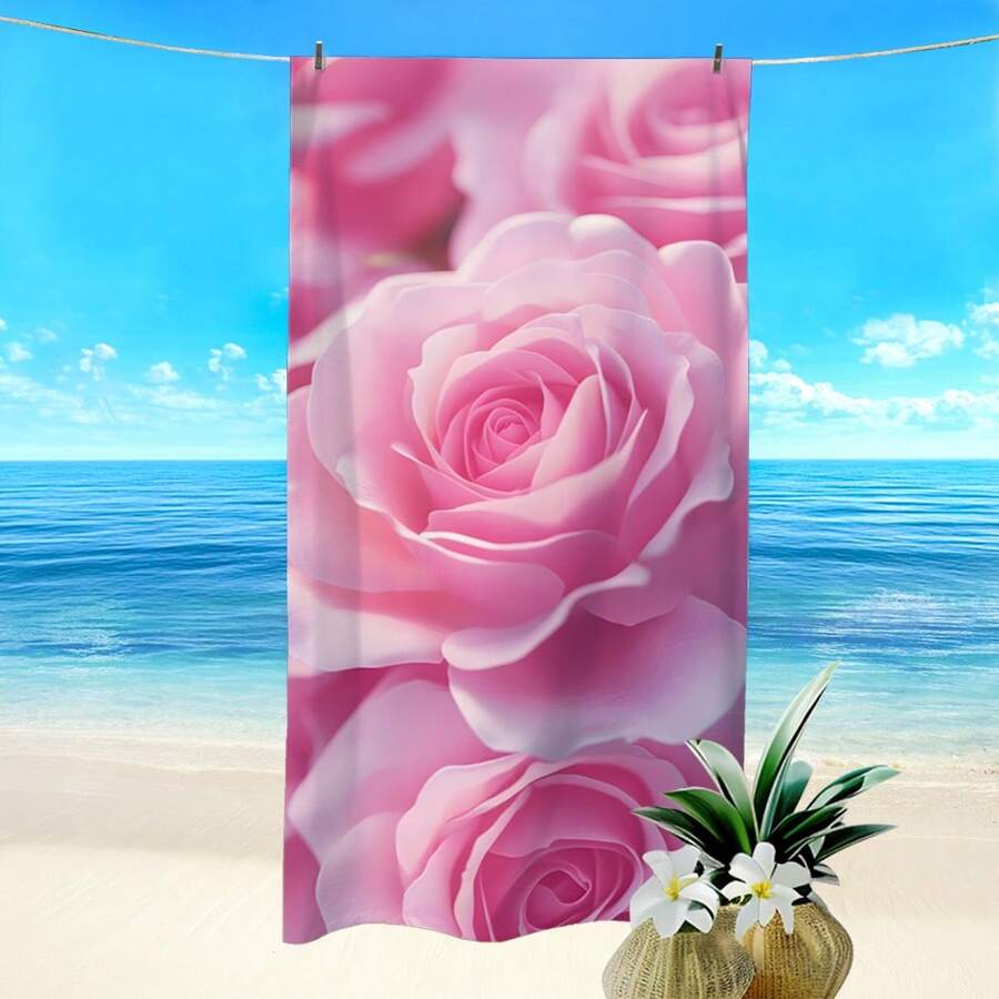 1pc Pink Rose Printed Beach Towel, Super Absorbent Quick Dry Towel For Swimming, Soft And Lightweight Beach Blanket, Suitable For Beach, Swimming, Outdoor, Travel (40*80CM Very Small) - A - View 1