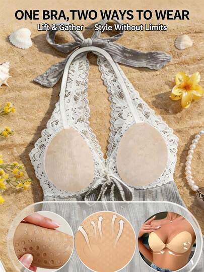 1 Pair Invisible Adhesive Push-Up Bra With Clear Halter-Neck Strap, Reusable Sticky Strapless Bra For Backless Dresses, Tops