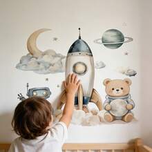 卡通宇航员熊墙贴，动物主题贴纸，适用于儿童房和卧室、幼儿园墙面装饰、客厅背景，非常适合墙面装饰和派对背景。 - 彩色 - 查看 2