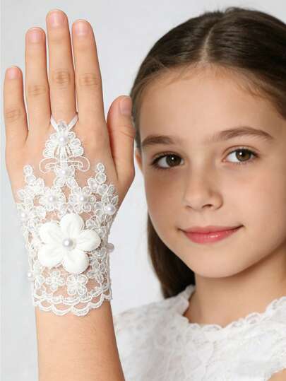 Lace Fingerless Gloves With Sequin Floral Decor, Suitable For Wedding Dress, Photo Shoot, Street Style
