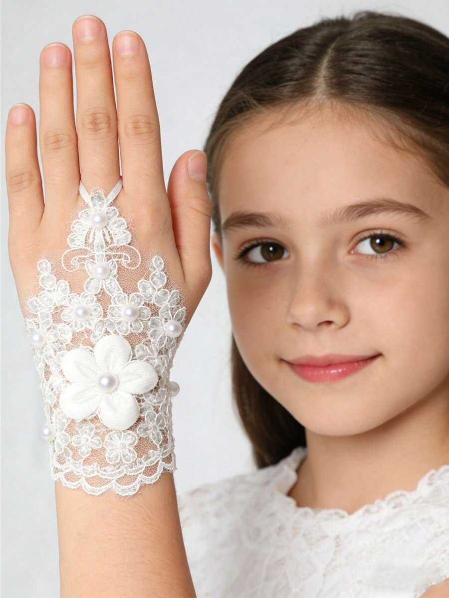 Lace Fingerless Gloves With Sequin Floral Decor, Suitable For Wedding Dress, Photo Shoot, Street Style - Multicolor - View 1