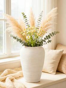 Boho-Stil Weiße Harz Vase - Rustikale strukturierte Vase geeignet für getrocknete Blumen und Blumensträuße, minimalistischer Stil Vase geeignet für Bauernhaus, Küsten- und nordische Heimdekoration, ideal für Wohnzimmer Kamin, Esstisch, Badezimmer Waschtisch und Eingangsbereich Konsole, hergestellt aus strapazierfähigem Harz Material mit subtilen horizontalen Streifen, vielseitige Vase für jeden Raum - A - Übersicht 3