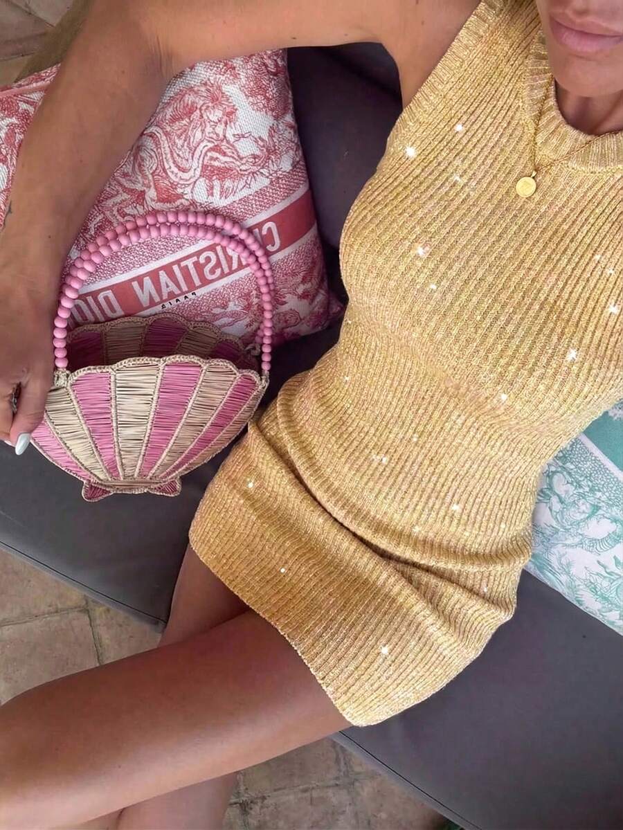 Mejors Damen sexy, süßes Y2K Pailletten einfarbiges ärmelloses Strickkleid, Retro Streetwear Stil, geeignet für Frühling/Sommer Ausflüge, Party, Urlaub, Pendeln, Date, Feiertage, Freizeitkleidung, Goldfarbe - Gold - Übersicht 1