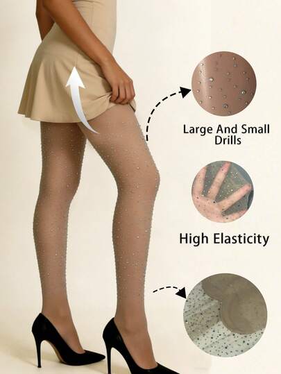 1 件米色透明连裤袜，饰有星空闪亮烫钻，大小钻粒混纺，高弹柔软透气，百搭，适合派对、夜店、约会、日常休闲、街头风、节日穿搭。