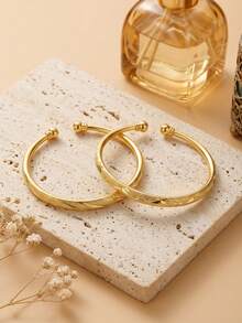 1pc Open Bangle Bracelet With Spiral Pattern & Star Embossed Design, Everyday Wear For Women - Gold - View 3