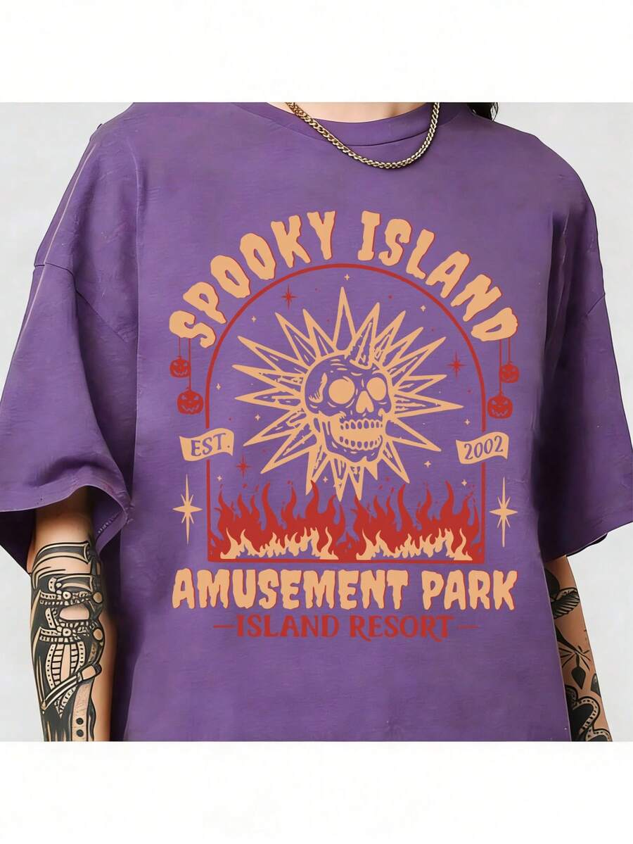 Spooky Island Amusement Park T-Shirt, Retro 2000s Halloween Movie Shirt, Disco Skull, Summer Spooky T-Shirt, 90s Nostalgia Halloween Tee For Halloween-Motion Tee - Màu tím Violet - Xem 1