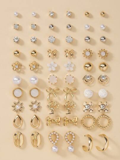 30件/套 时尚简约耳钉，蝴蝶结、水滴、贝壳图案组合，适合日常、休闲、派对佩戴，珠宝礼盒套装