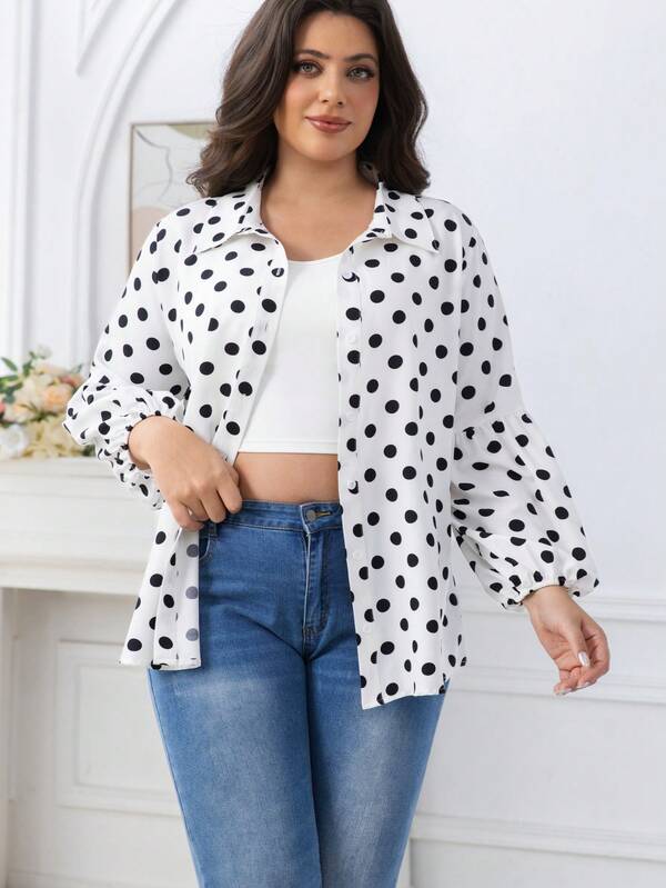 大码休闲复古波点印花灯笼袖衬衫