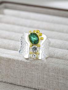1 pièce Ensemble de bijoux de bague de mariage pour femme, édition large, avec anneaux en zirconium vert synthétique. Convient pour les fiançailles et les célébrations d'anniversaire - anneau - Voir 4
